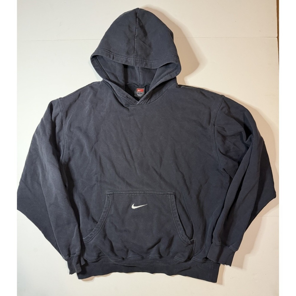 Vtg 90s NIKE Center Swoosh Pullover SunFaded Blk Hoodie Sweatshirt Sz Large Rare